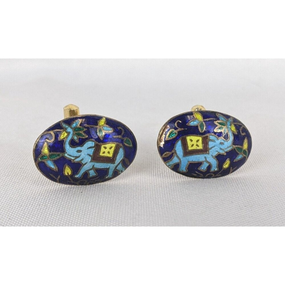 Vintage Cloissone Blue Elephant Enamel and Metal Multicolor Cufflinks
